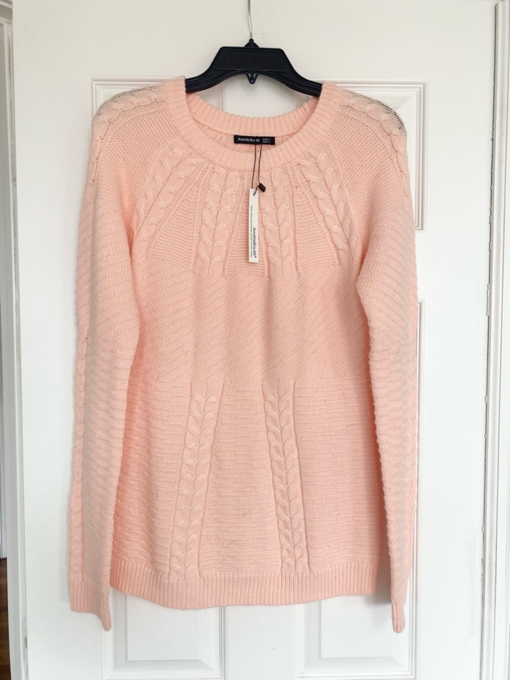 Annabella Light Pink Cable-Stitch Crewneck Sweater